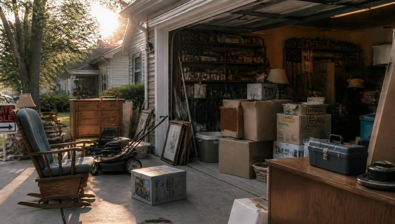 Garage and driveway filled with leftover furniture and boxes after a sale